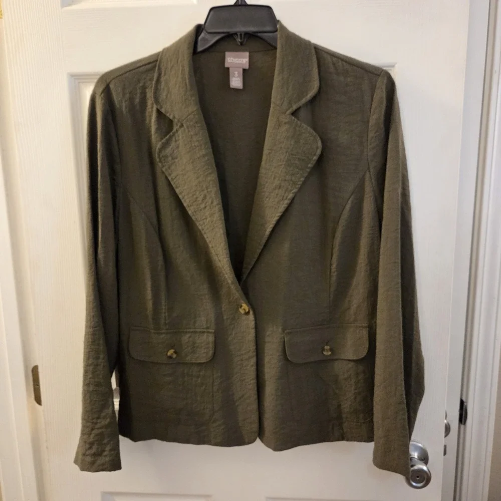 Chico's‎ sz 3 lightweight olive single button blazer jacket XL casual chic